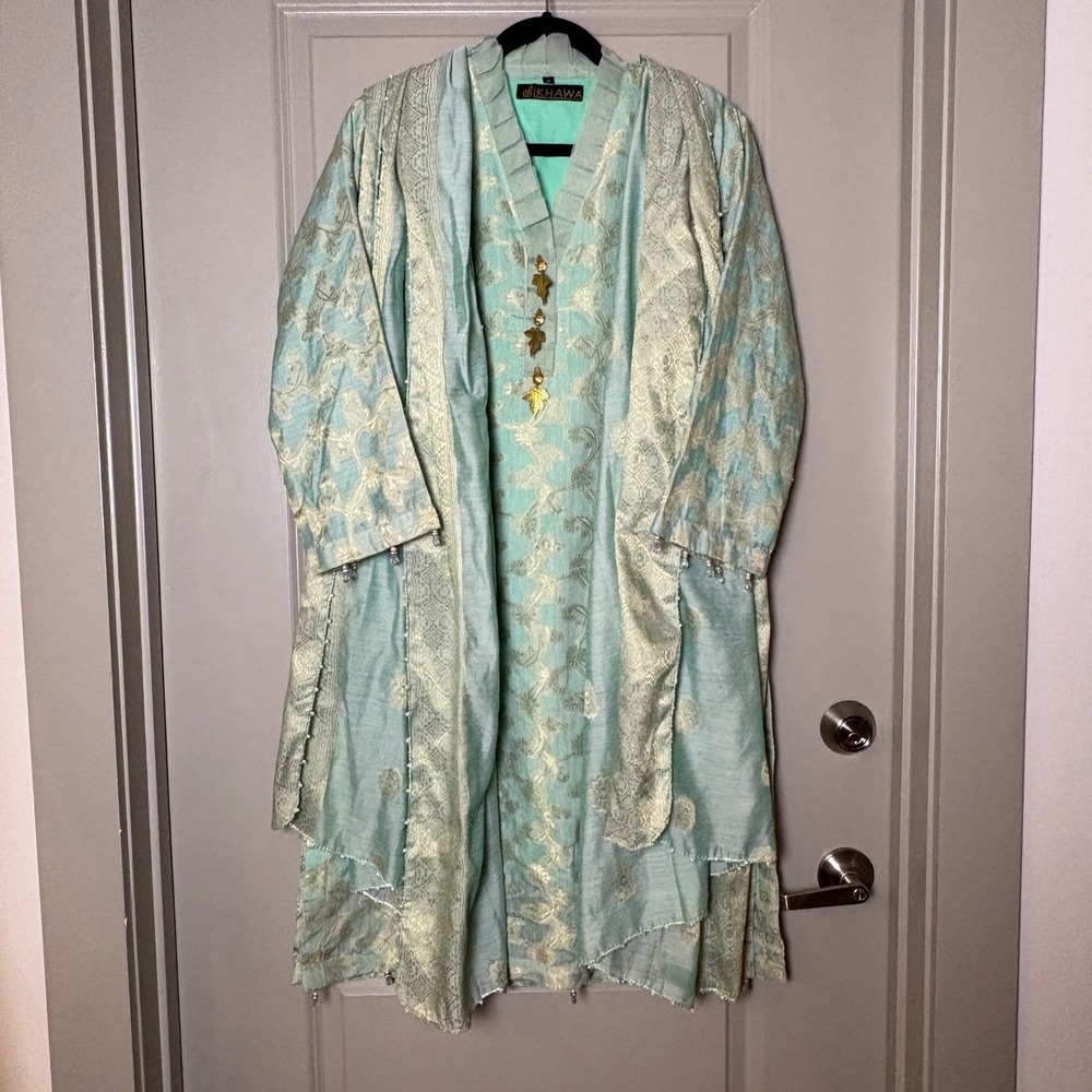 Dikhawa Kameez Tunic Gold Jacquard Floral Seafoam Green Size Medium